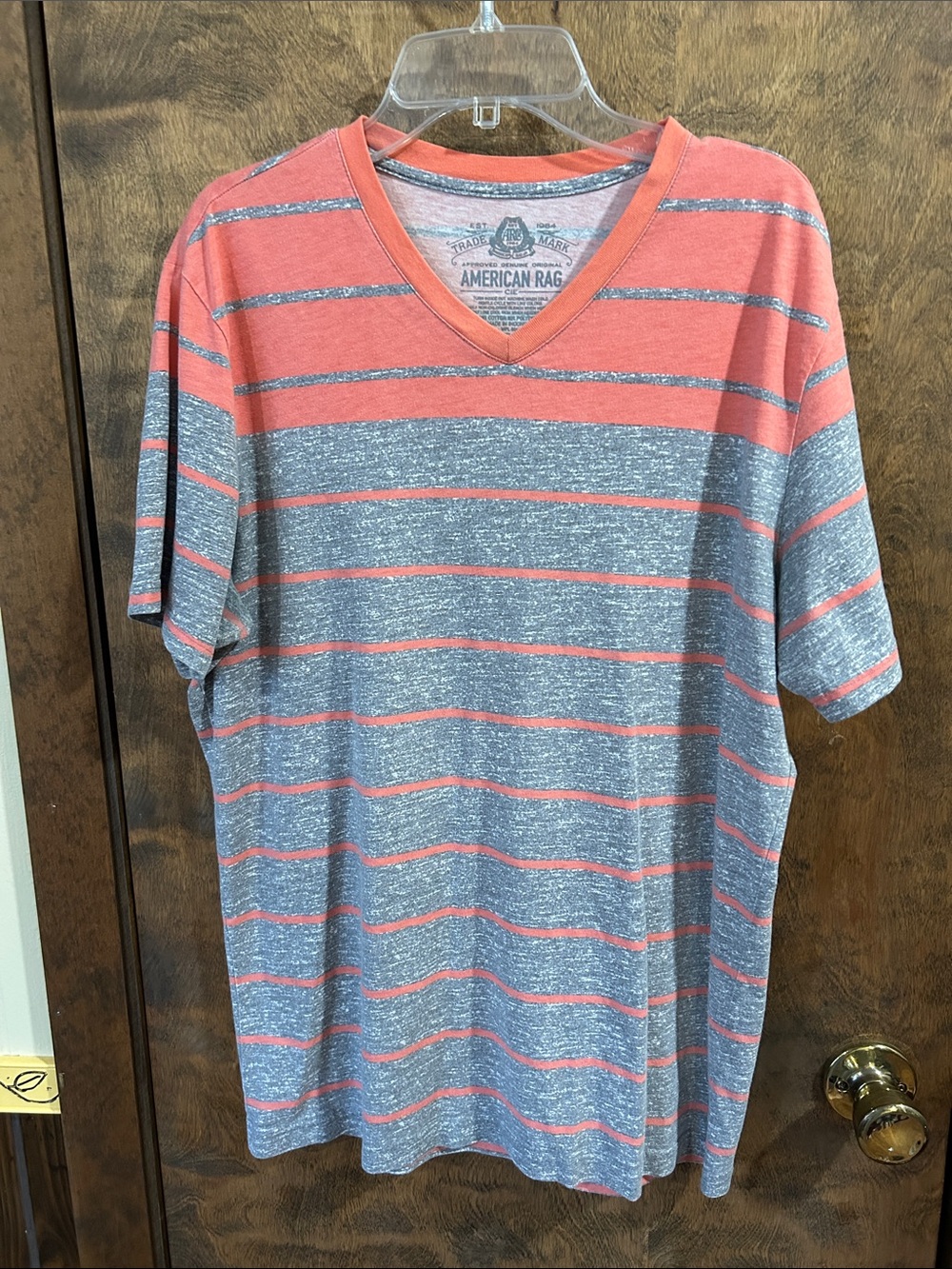 American Rag Men’s Coral and Heather Gray Striped V‑Neck Tee